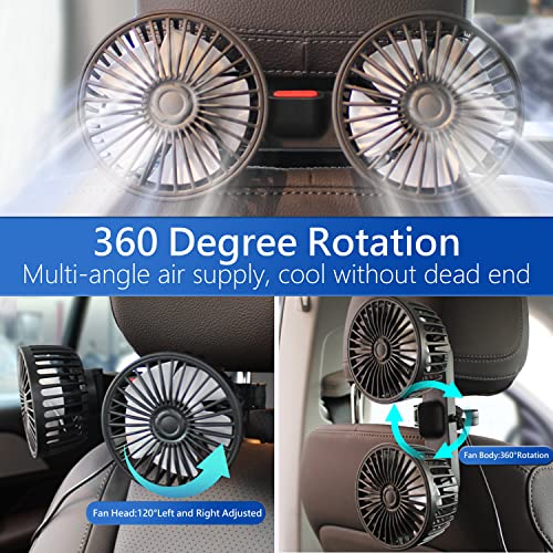 Fan For Car Backseat, USB Car Fan With Dual Heads, 3 Speed Strong Wind Car Cooling Fan Rear Seat Air Circulation Fan with 360 Degree Adjustable Clip for All Vehicles(Compatible With 12V/24 Cars)