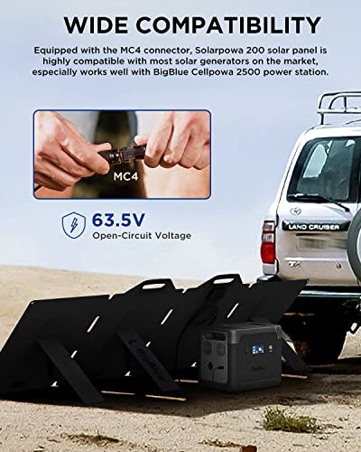 【IP68 Waterproof】BigBlue 200W Portable ETFE Solar Panels with MC4 Connector, 52.8V SolarPowa 200 Solar Charger with Kickstands for Camping, RV; Fast Charge Cellpowa 2500 and Other Brand Power Station
