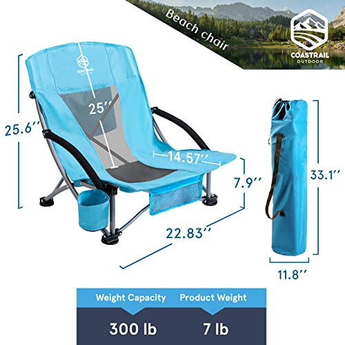 Coastrail Outdoor Beach Chair Low Profile Mesh Back Folding Chair for Adults with Cup Holder & Cooler & Phone Bag for Outdoor Camping Beach, Supports 300 lbs, Blue, 2 Pack