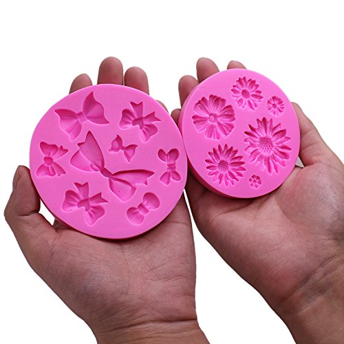 2 Pieces Decorative Silicone Molds, Chrysanthemum Flower and Bow Tie Shaped, FineGood Chocolate Fondant Clay Sugar Craft Soap Decoration Molds DIY Baking Cake Tool - Pink