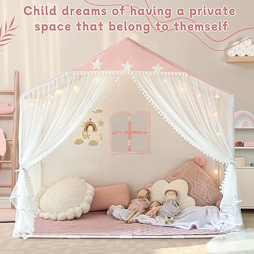 Kids Play Tent with Mat, Large Playhouse Tent with Pompoms Door Curtains, Children Play House for Girls Boys, Indoor Play Cottage (Pink)