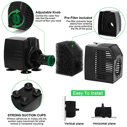 BARST 2500L/H Submersible Water Pump with Sponge Filter, Pond 5m Power Cord for Aquarium, Fountains, Fish Tank, Feature 4 Strong Suction Cups&4 Nozzles, 45W Black