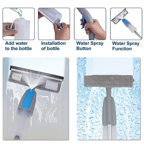 Window Squeegee Cleaner Tool with Spray, 3-in-1 Window Washer Cleaning Kit with Extension Pole, 74.8" Telescopic Window Wiper with Bendable Head, Glass Cleaning Tools for High Window Indoor/Outdoor