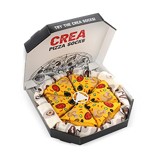 CREA SOCKS - Ladies Mens Pizza Socks Box Mixed Mushroom Sausage Olive Hot Peppers - 4 Pairs, gold, 36-40