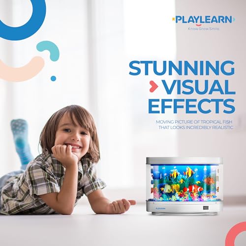 Playlearn USA Fake Fish Tank Mini Aquarium - Artificial Fish Tank with Moving Fish - Fake Aquarium Lamp - Perfect Sensory Lamp, Grey Base