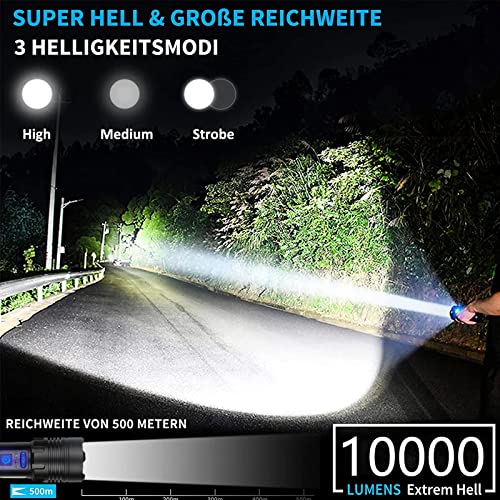 Necomi LED Torch Rechargeable Flashlight with High Lumens, IPX6 Waterproof 10000 Lumen Super Bright Handheld Torches, 7 Modes with COB Work Light, Powerful Handheld Flashlight for Camping, Hiking