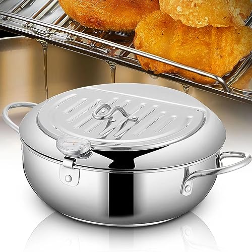 Deep Fryer Pot - Japanese Tempura Small Deep Fryer Stainless Steel Frying Pot With Thermometer,Lid And Oil Drip Drainer Rack for French Fries Shrimp Chicken Wings and Shrimp (28cm/11inch)