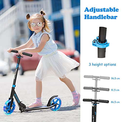 HONEY JOY Folding Kick Scooter for Kids 10 Years and up, with 2 Flashing Wheels, 3-Level Adjustable Handlebar, Rear Foot Brake, Aluminum Deck, Outdoor Sports Scooter for Boys & Girls (Blue)