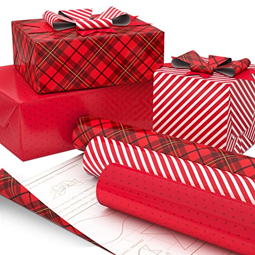 Hallmark Holiday Wrapping Paper with Optional DIY Bow Templates on Reverse (3 Rolls: 120 sq. ft. TTL) Red Plaid, Stripes, Polka Dots for Christmas, Valentines Day, Birthdays, Graduations