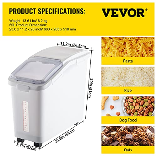 VEVOR Ingredient Storage Bin, 11.4 Gallon Capacity Shelf Ingredient Bin, 280 Cup Flour Bins on Wheels Commercial Prosave Shelf-storage Ingredient Bin with Lid and Scoop Rice Bin for Kitchen White