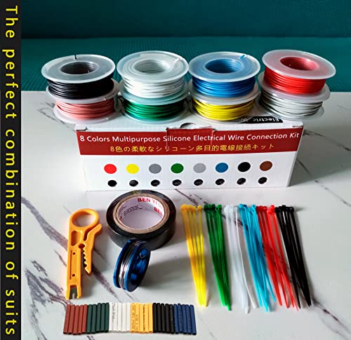 26awg Soft Silicone Electrical Wire Cable 8 Colors Flexible Wire Kit 8x33ft Solid Spool DIY Wire Easy to Work Tinned Wire Heat Shrink Tubing Wire Electric Tape Tools Included