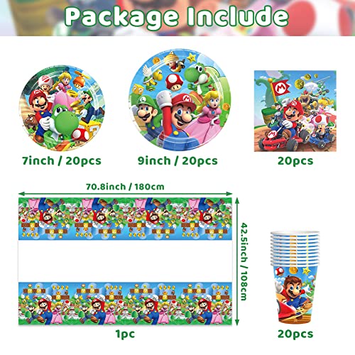 Super Mario Birthday Party Decorations, Mario Party Supplies Include Plates Napkins and Cups Tablecloth Boys Kids Mario Party Tableware Set 20 Guests