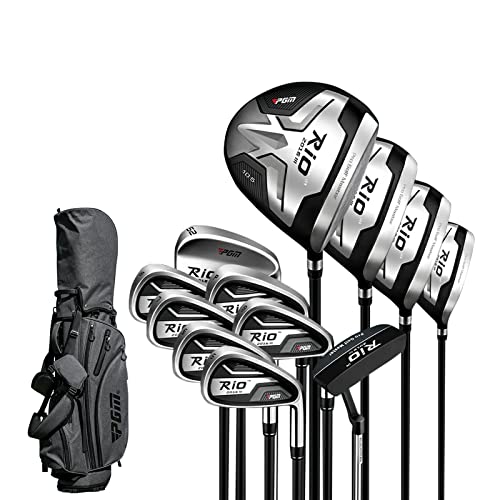 PGM Men's Complete Golf Club Sets - 12 Pieces - 3 Wood (#1,3,5), 1 Hybrid (#4H), 6 Irons(#5,6,7,8,9,PW), 1 Sand Wedge (52°), 1 Putter - Golf Stand Bag - Titanium Club Head, Graptlite Shaft