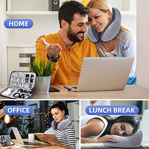 BEOPARY Travel Pillow & Cable Organizer, 100% Pure Memory Foam Neck Pillow 360-Degree Head Support Travel Neck Pillow for Airplane with 3D Eye Masks, Earplugs & Electronics Bag for Travel Accessories