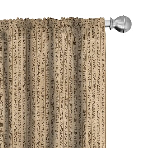 Ambesonne Egyptian Print Window Curtains, Hieroglyphs Grunge Pattern on Stripes Archeology History Language, Lightweight Decorative Panels Set of 2 with Rod Pocket, 56" x 84", Sand Brown Black