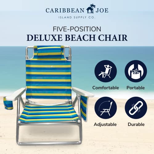 Caribbean Joe Folding Beach Chair, 5 Position Lightweight, Portable Reclining Outdoor Camping Chair with Headrest, Shoulder Strap, and Cup Holder, Bold Stripe