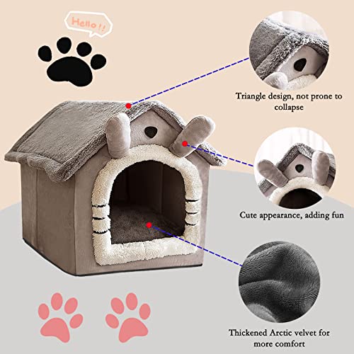 Cat Bed and Small Dog Bed, Self-Warming Cat Tent Cave for Kittens and Small Dogs Triangle Cat House Hut with Washable Cushion for Outdoor and Indoor (Medium, Grey)