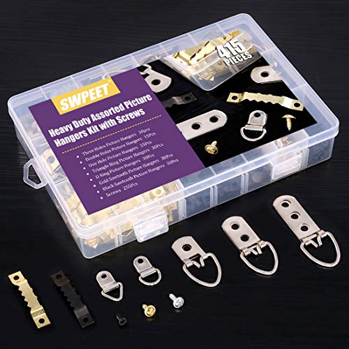 Swpeet 160 Pcs Heavy Duty Assorted Picture Hangers Kit with Screws Picture Hangers Assortment Kit For Picture hanging Solutions with Transparent Box - 7 Models