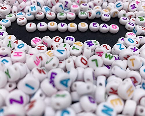 1500Pcs White Flat Round Acrylic Alphabet Beads Mixed A-Z Colorful Letter Pattern Pony Beads Loose Spacer Beads for Jewelry Making Bracelets Necklaces Key Chains (Mixed Color)