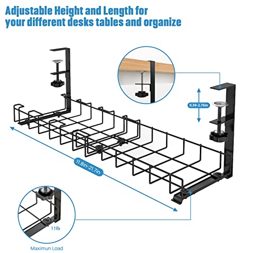 Under Desk Cable Management,12.8"-21.8" Retractable Cable Tray for Wire Management, No Drilling Cord Organizer Tray, Sturdy Metal Cable Management with Clamp for Home Office Desk Cable Hider