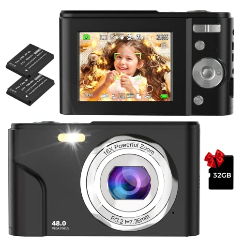 Digital Camera, Bofypoo Autofocus Digital Camera 48MP with 32Gb Card FHD 1080P Vlogging Camera with 16X Digital Zoom, Portable Mini Camera for Teens,Kids,Adult,Beginners（Black）