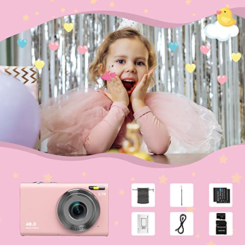 Digital Camera, Autofocus Vlogging Camera FHD 2.7K 48MP with 2.8" Large Screen, 16X Digital Zoom, Compact Camera Portable Mini Camera for Teens,Kids,Adult,Beginners（Pink）