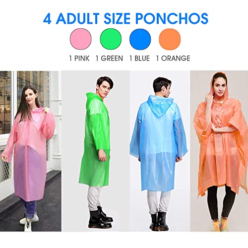 Rain Poncho for Adults, Beedove Multi-colored Raincoat, Lightweight Waterproof Rain Coats for Hiking Traveling Camping Amusement Park, 4 Pack