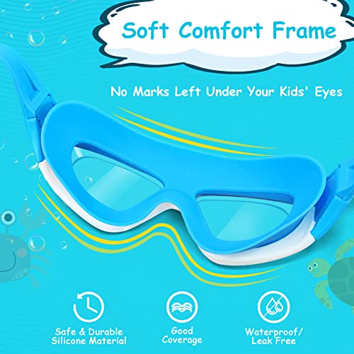 Vvinca Kids Swim Goggles, Wide View Anti-Fog Quick Adjustable Strap Swim Mask with Ear Clip Nose Clip for Child Swimming Lesson, No Leaking Water Pool Glasses for Toddlers Girls Boys Age 3-12 (Blue)