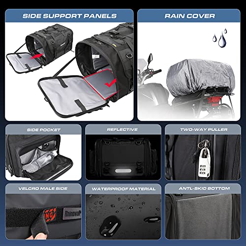 Rhinowalk Motorcycle Travel Luggage, Expandable Motorcycle Tail Bag 60L,Waterproof All Weather/Trunk/Rack Bag with Sissy Bar Straps-Black