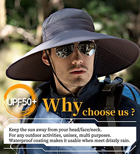 HLLMAN Super Wide Brim Sun Hat-UPF 50+ Protection,Waterproof Bucket Hat for  Fishing, Hiking, Camping,Breathable Nylon & Mesh, Dark Grey, X-Large