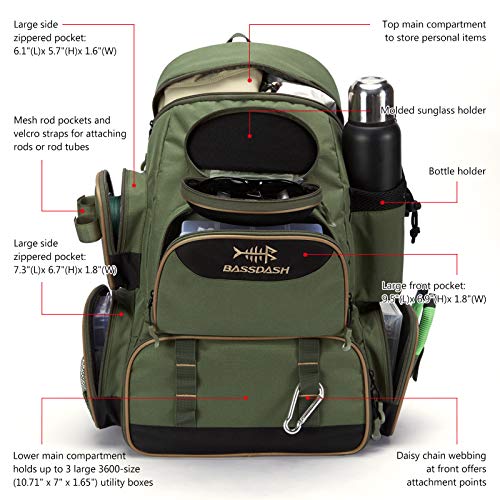 Bassdash Fishing Tackle Backpack Lightweight Tactical Shoulder Bag Soft Tackle Box with Protective Rain Cover, Green Backpack [3600] Without Trays