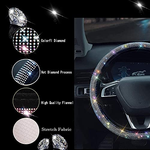 Steering Wheel Cover New Women Bling AB Rhinestone Crystal Diamond Car SUV Sedan Roadster Steering Wheel Protector Non-Slip Steering Wheel Cover Universal Fit 14.2" -15.3" inches