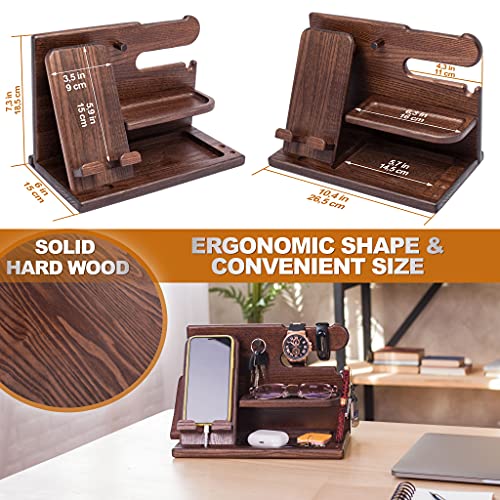 Wood Phone Docking Station Ash Key Holder Wallet Stand Watch Organizer Men Gift Husband Wife Anniversary Dad Birthday Nightstand Purse Father Graduation Male Travel Idea Gadgets (Brown)