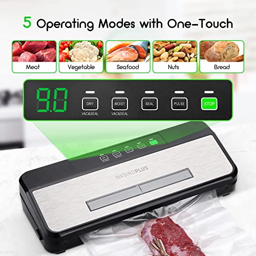 INKBIRD Food Vacuum Sealer Machine INK-VS03, Sealing Time Display, 80KPA Strong Suction, Built-in Bag Rolls, Automatic Vacuum Sealer with Starter Kit for Food Storage Preservation Sous Vide