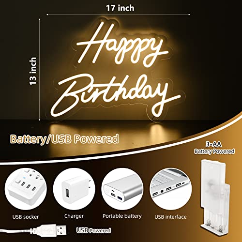 ATOLS Happy Birthday Neon Sign for Wall Decor, Battery or USB Powered Happy Birthday Led Sign, Reusable Happy Birthday Light Up Sign for All Birthday Party Decoration, Size-17x13 Inch, Warm White