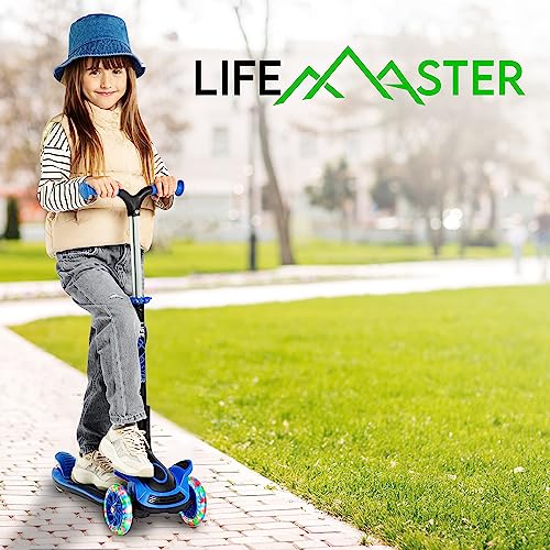 Kids Scooter – Foldable Seat – LED Wheel Lights Illuminate When Rolling – Children and Toddler 3 Wheel Kick Scooter – Adjustable Handlebar – Indoor and Outdoor- Blue - by Lifemaster