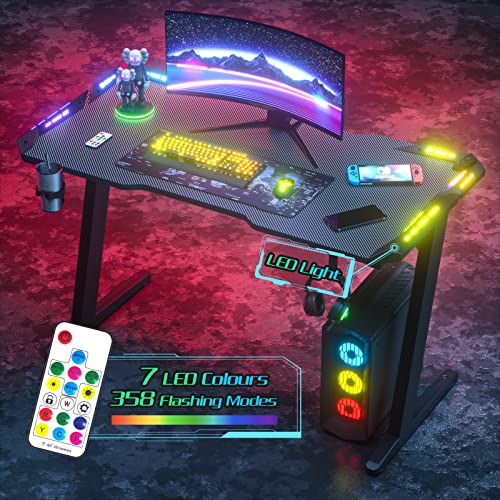 ADVWIN Gaming Desk LED Gaming Workstation RGB Light Computer Desk Z Shaped, Black Pc Gaming Table with Carbon Fiber Surface Cup Holder & Headphone Hook, (L-47 W-24 H-29.5")