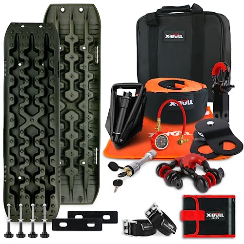 X-Bull Recovery Tracks and Winch Accessories Kit 15Pcs 4x4 Off-Road Recovery Kit for Recover Automotive Stuck in Mud/Snow/Sand Olive Green
