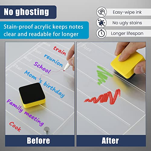 2Pcs Acrylic Magnetic Calendar for Fridge, 13"x8.7" Reusable Clear Dry Erase Whiteboard Calendar with 4 Pens and Eraser, Monthly and Weekly Non-slip Meal Planner Board for Refrigerator (B)