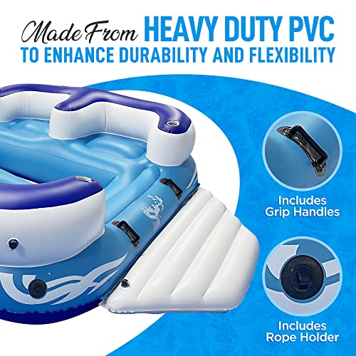SereneLife Inflatable 4- Person Floating Island Raft, Party Island Raft w/ 4 Drink Holders, Use for Lounging on Lake, Beach River or Pool