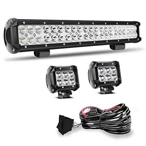 DOT 20Inch 126W LED Light Bar Flood Spot Combo Beam Off Road+2X 4inch 18W Spot Driving Fog Lights Work Cube Pods for Trucks F150 Pioneer Polaris Can Am x3 maveric Wrangler ATV UTV SUV 4WD Boat Pickup