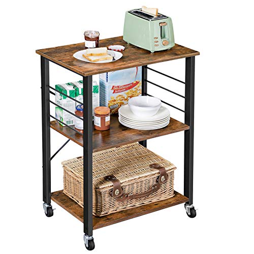 VASAGLE Kitchen Shelf on Wheels Serving Trolley with 3 Shelves Metal Frame with 6 Hook Rustic Brown KKS60XV1