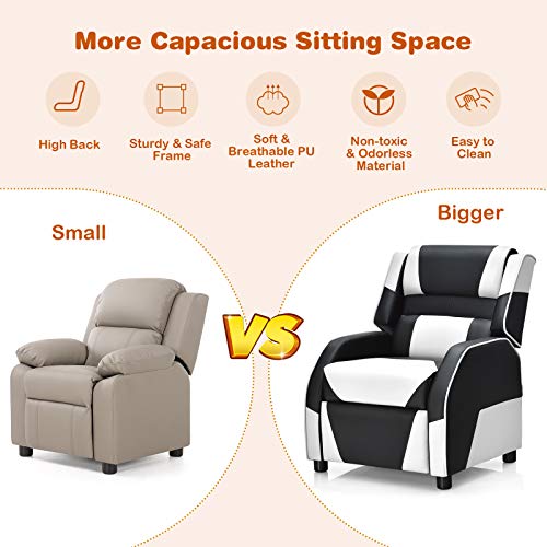 Kids Recliner Chair, Adjustable Recliner Sofa w/Footrest, Headrest & Lumbar Support, w/ Padded Seat, Ergonomic PU Leather Children Armchair for Living & Gaming Room, Racing Style Kids Lounge Couch for Boys & Girls Gift, White & Black