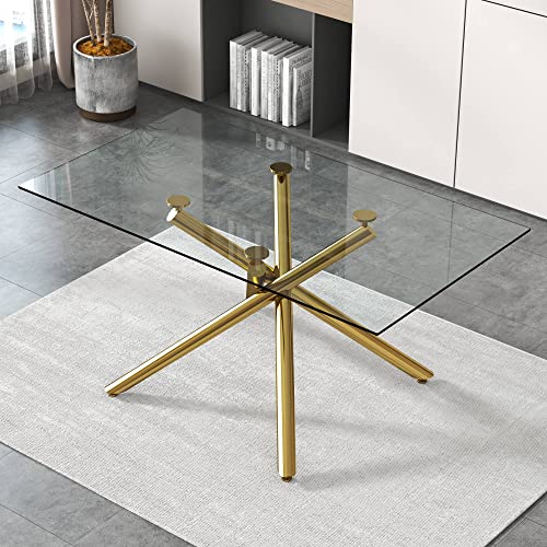 63 inch Glass Dining Table with Clear Rectangular Glass Top, 4 Chrome Golden Legs Modern Rectangular Glass Kitchen Table Furniture for Home Office Kitchen Dining Room, 4-6 People