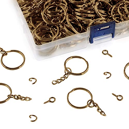 Swpeet 450Pcs Sliver Key Chain Rings Kit, 150Pcs Keychain Rings with Chain and 150Pcs Jump Ring with 150Pcs Screw Eye Pins Bulk for Jewelry Findings Making (Bronze)