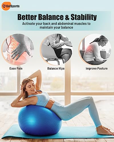 GalSports Yoga Ball Exercise Ball for Working Out, Anti-Burst and Slip Resistant Stability Ball, Swiss Ball for Physical Therapy, Balance Ball Chair, Home Gym Fitness Blue