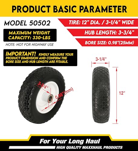 MaxxHaul 50502 12" Flat Free Solid Polyurethane All-Purpose Replacement Tire for Trailer Dollies Hand Trucks, Garden Carts, 12 inch, Black