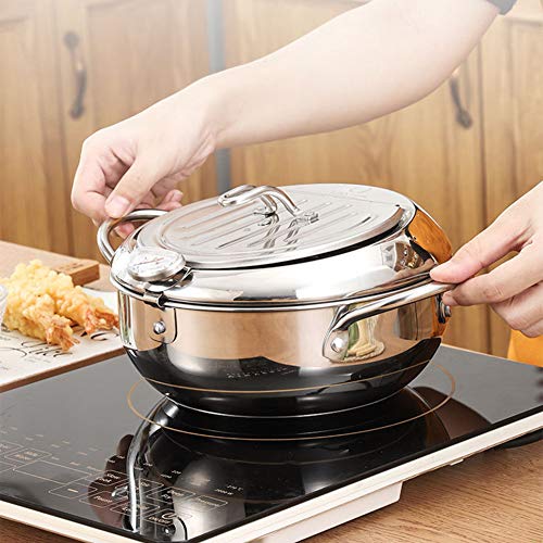 Deep Fryer Pot, Japanese Tempura Small Deep Fryer Stainless Steel Frying Pot With Thermometer,Lid And Oil Drip Drainer Rack for French Fries Shrimp Chicken Wings(20cm, 201)