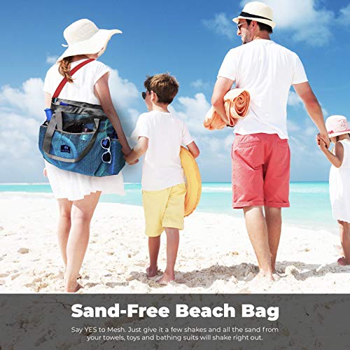 Red Suricata Large Mesh Beach Bag – Mesh Beach Tote Bag with Pockets - Beach Bags and Totes for Women with Zipper & 7 Large Elastic Pockets for Beach Accessories - Water Aerobics Bag (Celeste Light Blue/Grey)