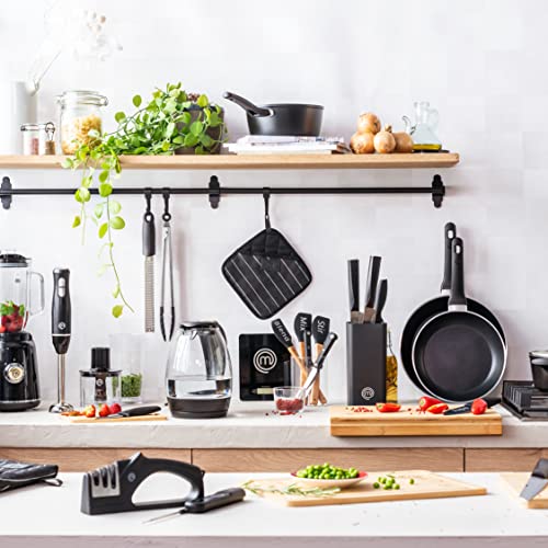 MasterChef Knife Set with Block 5 Kitchen Knives with Sharp Stainless Steel Blades (Paring, Utility, Carving, Bread, Chef) Japanese-Style Handles & Universal Holder, Plastic, Black